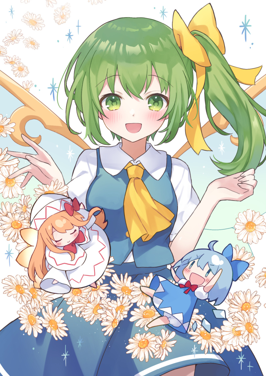 3girls ahase_hino ahoge ascot blue_bow blue_skirt blue_vest blush bow bowtie cirno closed_eyes closed_mouth collared_shirt daisy daiyousei dress fairy fairy_wings flower full_body green_eyes green_hair hair_between_eyes hair_bow hands_up highres ice ice_wings lily_white long_hair long_sleeves looking_at_viewer mini_person minigirl multiple_girls open_mouth orange_hair puffy_short_sleeves puffy_sleeves red_bow red_bowtie shirt short_sleeves side_ponytail simple_background skirt smile sparkle touhou vest white_background white_dress white_headwear white_shirt wide_sleeves wings yellow_ascot yellow_bow