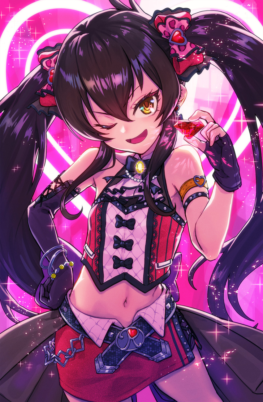 1girl arm_strap ascot asymmetrical_gloves bangle bare_shoulders batayu belt black_hair bow bowtie bracelet breasts brooch commentary_request cowboy_shot crop_top earrings elbow_gloves eyelashes fingerless_gloves gem gloves hair_ornament hair_ribbon heart heart_earrings heart_hair_ornament highres holding holding_gem idolmaster idolmaster_cinderella_girls jewelry long_hair looking_at_viewer matoba_risa miniskirt navel one_eye_closed open_mouth pencil_skirt ribbon skirt small_breasts smile solo twintails yellow_eyes