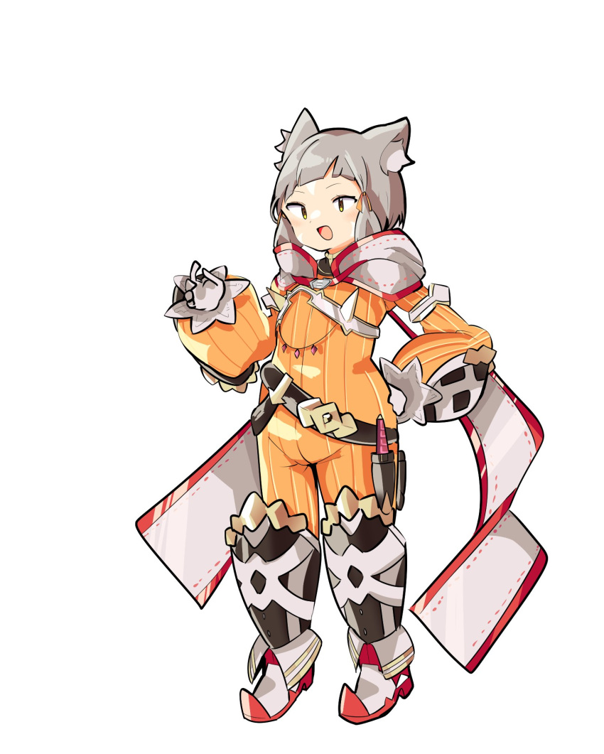 1girl :d animal_ear_fluff animal_ears belt black_belt blush boots brown_eyes commentary_request full_body gloves grey_hair groin h-yasui hand_on_own_hip highres jumpsuit long_sleeves looking_at_viewer nia_(xenoblade) puffy_long_sleeves puffy_sleeves simple_background sleeves_past_wrists smile solo standing white_background white_footwear white_gloves xenoblade_chronicles_(series) xenoblade_chronicles_2 yellow_jumpsuit