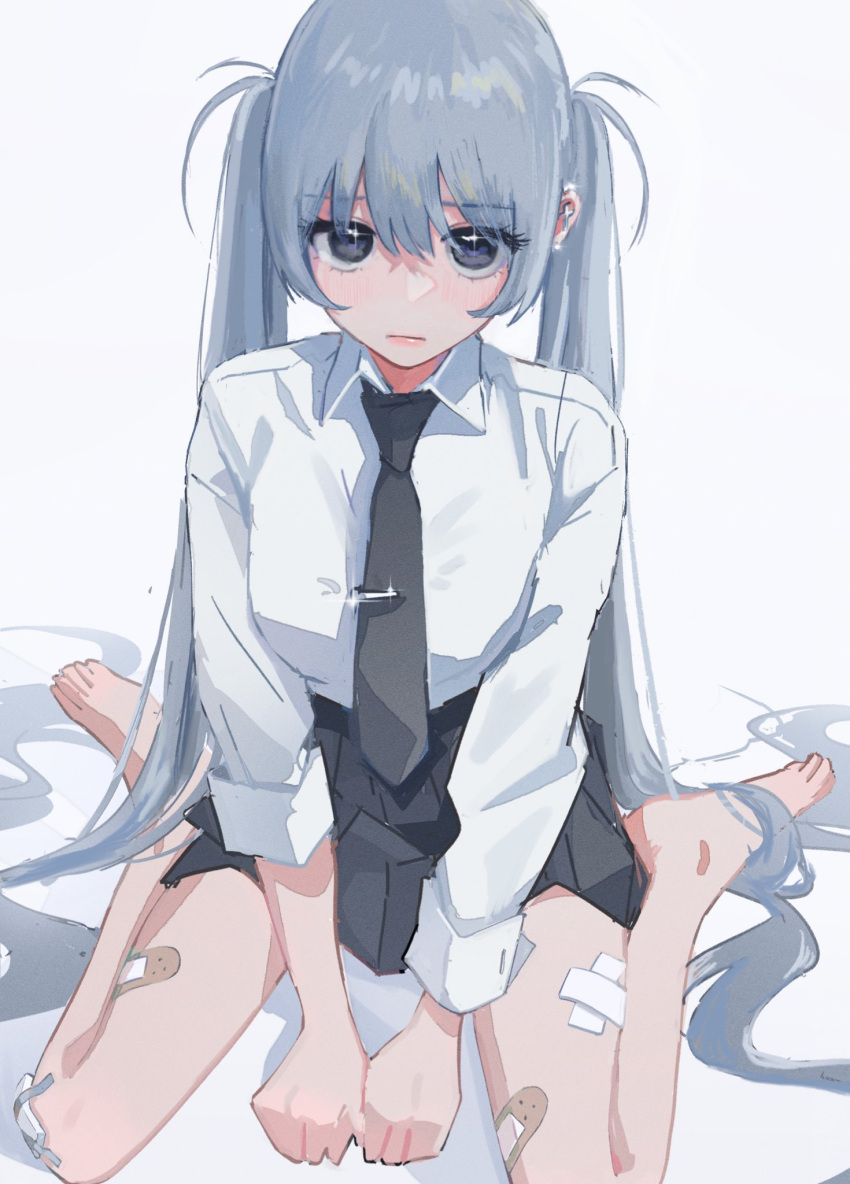 1girl absurdly_long_hair bandages bandaid bandaid_on_knee bandaid_on_leg barefoot black_eyes black_skirt blush bracelet breasts closed_mouth collared_shirt commentary ear_piercing earrings feet full_body grey_hair hair_between_eyes hamafugu hands_on_ground highres jewelry legs long_hair long_sleeves looking_at_viewer medium_breasts necktie original piercing pleated_skirt school_uniform shirt shirt_tucked_in simple_background sitting skirt solo sparkle swept_bangs symbol-only_commentary tie_clip twinkle_eye twintails very_long_hair wariza white_background white_shirt