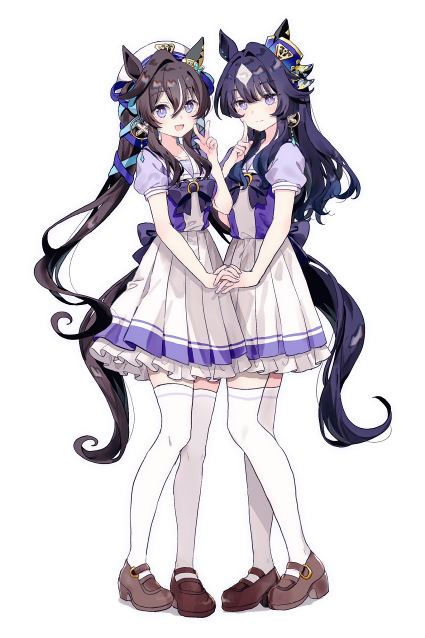 2girls black_hair blue_eyes breasts commentary_request earrings full_body hair_ornament hat highres holding_hands jewelry long_hair looking_at_viewer medium_breasts migolu multiple_girls open_mouth school_uniform shoes siblings simple_background single_earring smile thigh-highs tracen_school_uniform twintails umamusume v verxina_(umamusume) vivlos_(umamusume) white_background