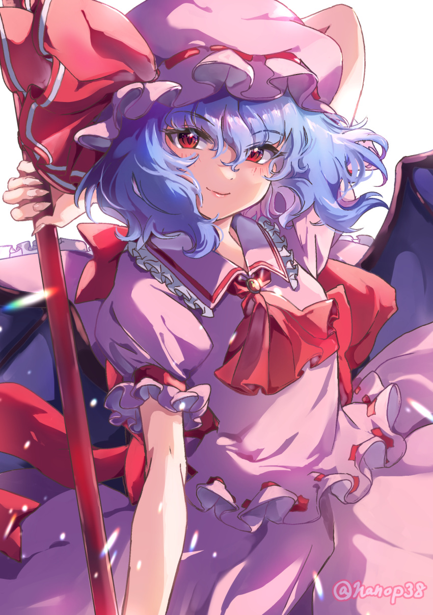 1girl arm_behind_head arm_up ascot blue_hair closed_mouth collared_shirt commentary_request frilled_shirt_collar frilled_skirt frills hair_ribbon hat hat_ribbon highres looking_at_viewer mob_cap nanop38 pink_headwear pink_shirt pink_skirt red_ascot red_eyes red_ribbon remilia_scarlet ribbon shirt short_hair short_sleeves simple_background skirt skirt_set smile solo touhou white_background