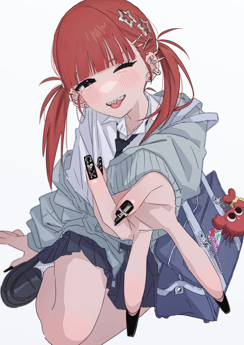 1girl bag black_eyes blunt_bangs blush braces chain_earrings chipped_nails collared_shirt crab crossed_legs decorations ear_piercing earclip earrings fingernails full_body grey_hoodie gyaru hair_ornament hairband hairpin hamafugu hand_on_floor highres hood hoodie jacket jewelry legs loafers long_sleeves looking_at_viewer medium_hair multiple_hairpins nail_polish necklace necktie off_shoulder one_eye_closed open_mouth original piercing pleated_skirt reaching reaching_towards_viewer redhead school_bag school_uniform shirt shoes simple_background single_off_shoulder sitting skirt socks solo star_(symbol) star_hair_ornament teeth tongue tongue_out twintails v white_background white_shirt white_socks