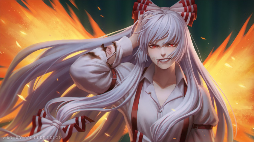 1girl arm_strap artist_name bow burnt_clothes collared_shirt commentary english_commentary fiery_wings fire fujiwara_no_mokou grin hair_bow hand_on_own_head highres injury long_hair long_sleeves red_bow red_eyes shirt smile solo suspenders touhou two-tone_bow upper_body white_bow white_hair white_shirt wings winterleigh_art