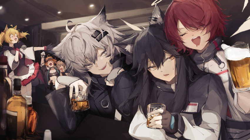 1boy 5girls :d absurdres alcohol angel animal_ears ankoro_mochi annoyed arknights beer beer_mug bison_(arknights) black_gloves black_hair blonde_hair blush breasts brown_hair cape clenched_hand commentary_request cow_girl croissant_(arknights) crop_top cup drinking drunk energy_wings exusiai_(arknights) fingerless_gloves fox_ears fox_girl girl_sandwich gloves hair_between_eyes hair_ornament hair_over_one_eye hairclip halo hand_up happy highres horns id_card indoors jacket lappland_(arknights) leaning_on_person long_hair medium_breasts medium_hair midriff miniskirt mug multiple_girls music navel open_mouth orange_hair party pleated_skirt red_skirt redhead sandwiched shoulder-to-shoulder singing skirt smile sora_(arknights) teeth texas_(arknights) thigh-highs twintails upper_body upper_teeth_only very_long_hair whiskey white_eyes white_hair wolf_ears wolf_girl yellow_eyes