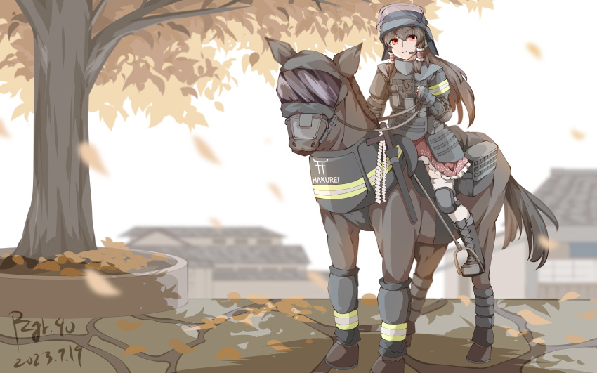 1girl absurdres black_footwear black_hair blurry blurry_background chinese_commentary commentary_request dated hair_tubes hakurei_reimu helmet highres horse horseback_riding long_hair outdoors police police_uniform pzgr.40 riding sidelocks signature simple_background touhou tree uniform white_background