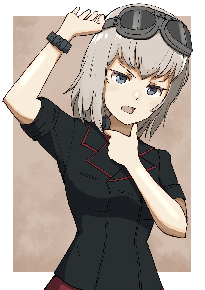 1girl absurdres arm_up black_jacket blue_eyes commentary dress_shirt frown girls_und_panzer goggles goggles_on_head grey_hair haldeco hand_on_own_throat highres insignia itsumi_erika jacket kuromorimine_military_uniform long_sleeves looking_at_viewer medium_hair military_uniform open_mouth red_shirt shirt solo throat_microphone uniform upper_body watch watch wing_collar