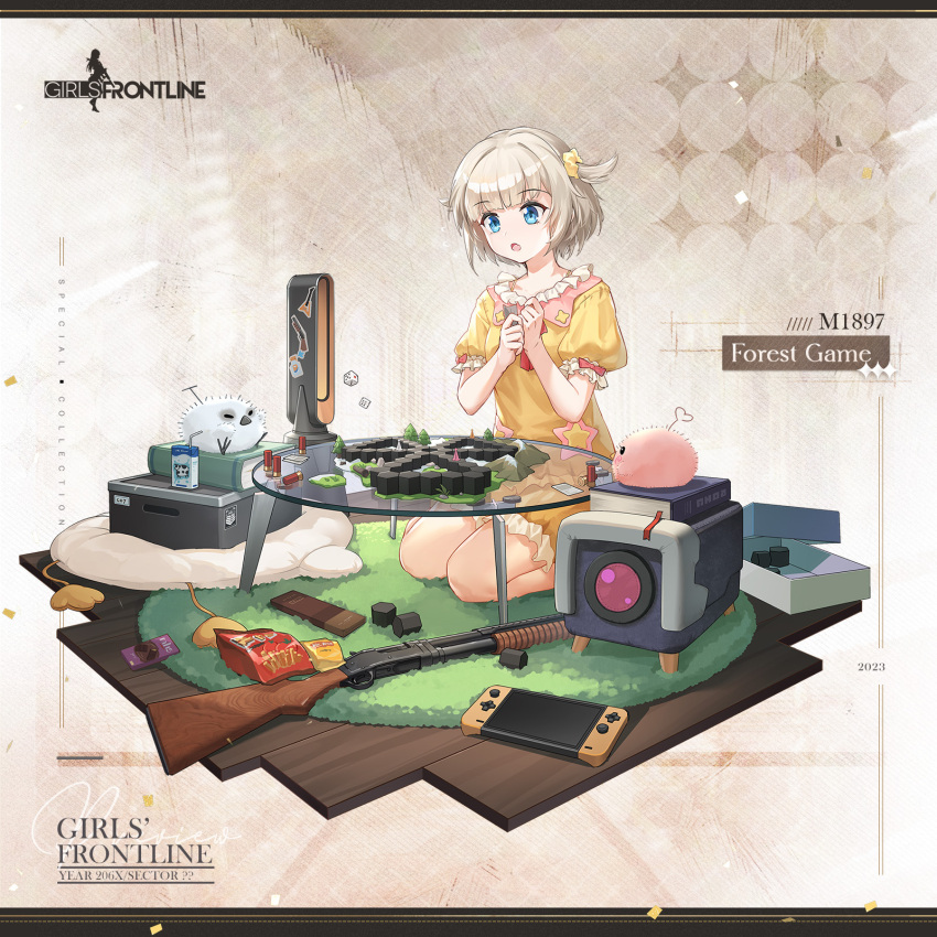 1girl 2023 :o bag bare_arms bare_legs bird bladeless_fan blonde_hair blue_eyes board_game book box character_name chilunchilun commentary copyright_name dice english_commentary full_body girls_frontline griffin_&amp;_kryuger gun hair_ornament hair_scrunchie highres juice_box kneeling m1897_(forest_game)_(girls'_frontline) m1897_(girls'_frontline) nintendo_switch official_alternate_costume official_art open_box open_mouth own_hands_together pajamas pink_bird pump_action rug scrunchie second-party_source seiza short_hair short_sleeves shotgun shotgun_shell simple_background sitting snack solo star_(symbol) sticker weapon white_background white_bird winchester_model_1897 wooden_floor yellow_pajamas yellow_scrunchie