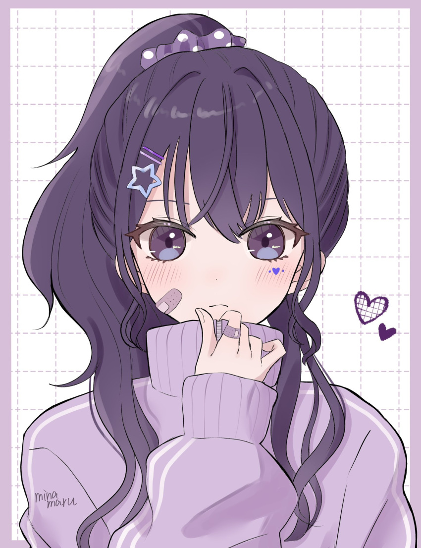 1girl asahina_mafuyu bandaid bandaid_on_face blush border closed_mouth commentary fingernails hair_behind_ear hair_between_eyes hair_ornament hairpin heart high_ponytail highres jacket long_hair looking_at_viewer minacoco3755 multiple_hairpins ponytail project_sekai purple_border purple_hair signature simple_background solo star_(symbol) star_hair_ornament swept_bangs track_jacket upper_body violet_eyes white_background