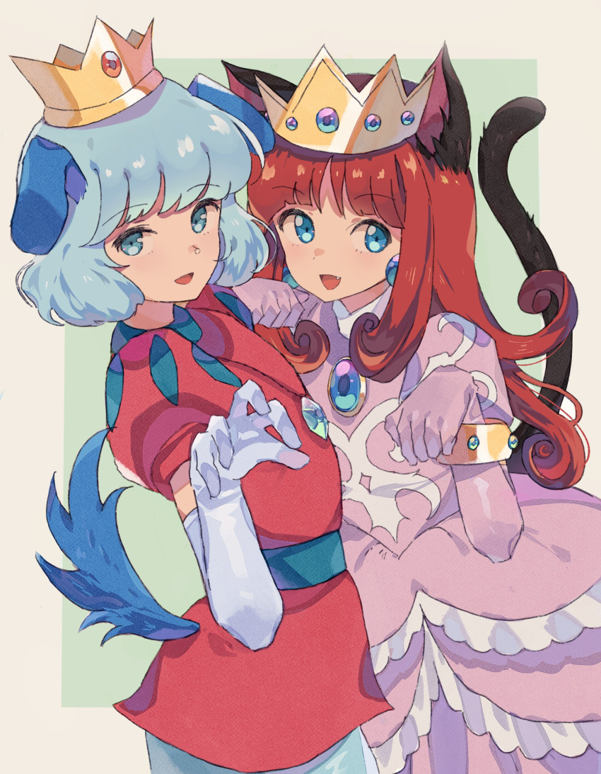 1boy 1girl absurdres animal_ears arm_on_shoulder belt black_belt blue_eyes blue_hair bracelet brooch cat_ears cat_tail character_request crown dog_ears dog_tail dress earrings elbow_gloves fq75017 gloves highres jewelry long_hair looking_at_viewer medium_hair open_mouth paw_pose pink_dress pink_gloves prince_haru puffy_short_sleeves puffy_sleeves red_tunic redhead short_sleeves simple_background sphere_earrings super_mario_bros. super_mario_bros.:_peach-hime_kyushutsu_dai_sakusen! tail white_gloves