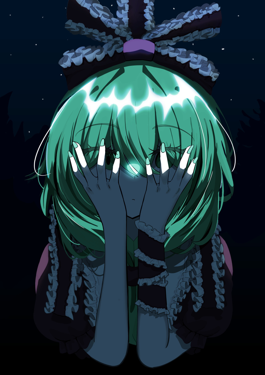 1girl absurdres arm_ribbon commentary_request expressionless frilled_ribbon frills green_eyes green_hair green_nails highres kagiyama_hina korean_commentary lamoncandy_0316 looking_at_viewer night puffy_short_sleeves puffy_sleeves ribbon short_sleeves sky solo star_(sky) starry_sky touhou upper_body
