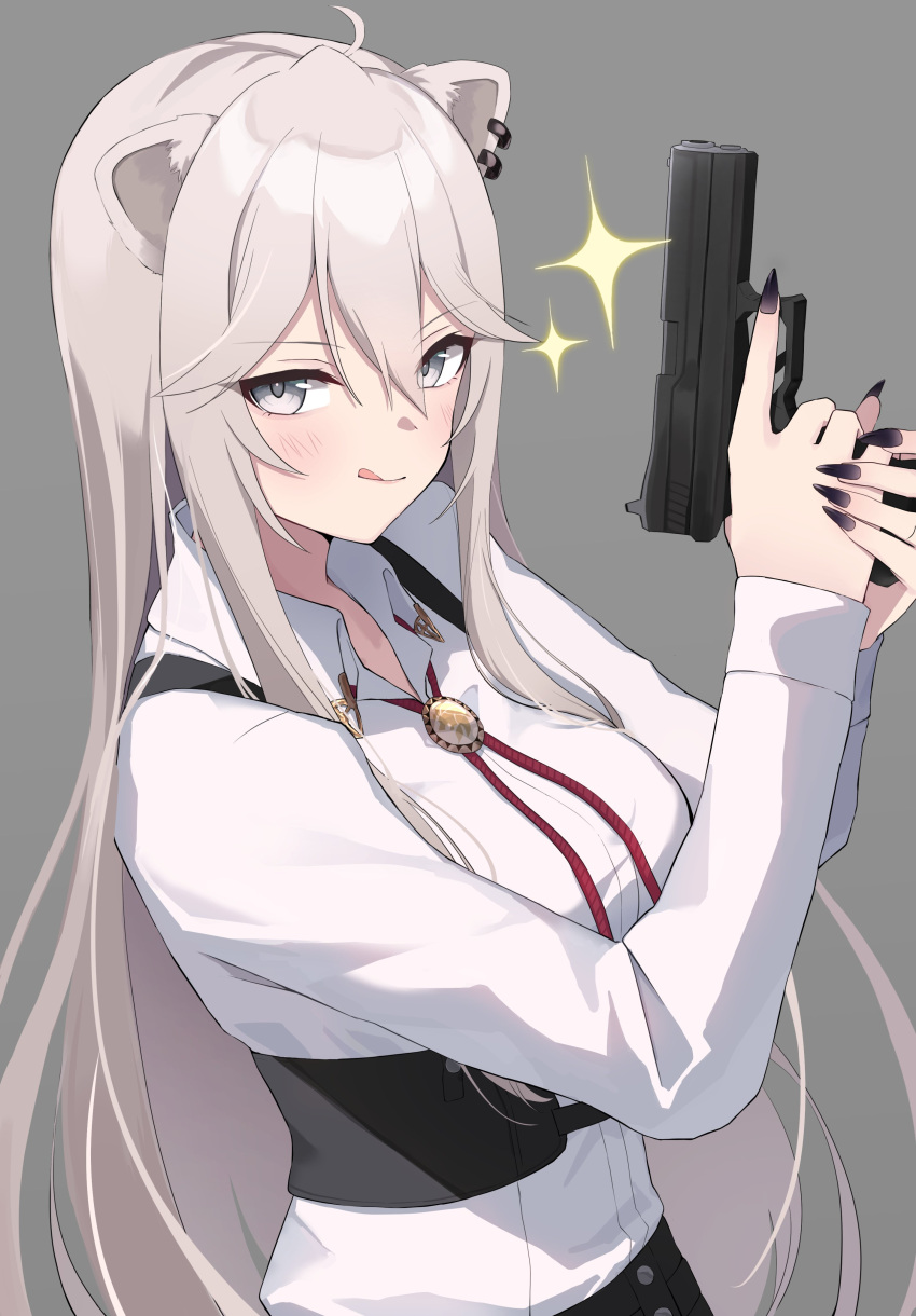 1girl absurdres ahoge animal_ear_piercing animal_ears black_nails blush bolo_tie breasts closed_mouth collared_shirt commentary corset cowboy_shot dress_shirt fingernails from_side grey_background grey_eyes grey_hair gun hair_between_eyes handgun highres holding holding_gun holding_weapon hololive licking_lips lion_ears long_hair long_sleeves looking_at_viewer medium_breasts nail_polish official_alternate_costume sharp_fingernails shirt shirt_tucked_in shishiro_botan shishiro_botan_(3rd_costume) shumpi sidelocks simple_background smile solo sparkle standing suspenders tongue tongue_out trigger_discipline underbust very_long_hair virtual_youtuber weapon white_shirt wing_collar