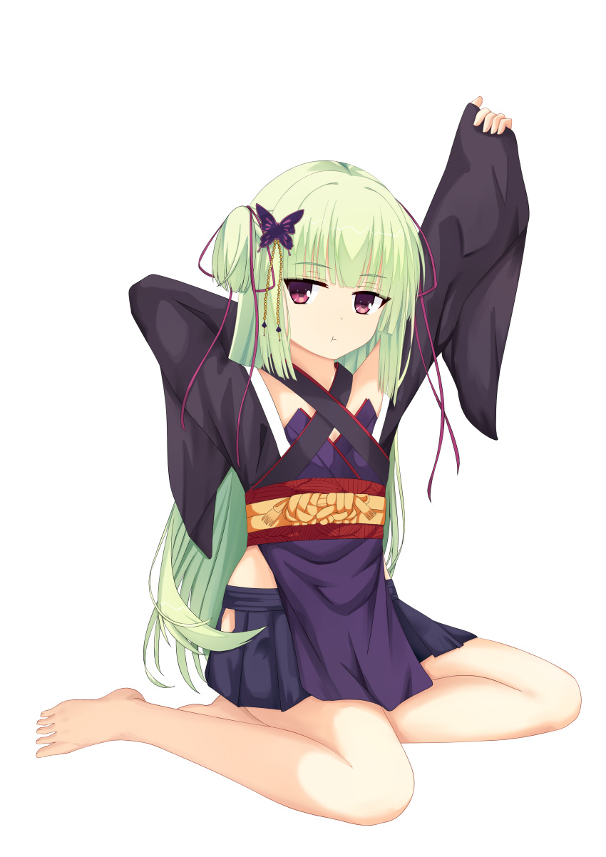1girl :t absurdres arm_behind_head arm_up bare_shoulders barefoot black_kimono black_skirt blunt_bangs blunt_ends butterfly_hair_ornament chinese_commentary closed_mouth commentary criss-cross_halter flat_chest full_body green_hair hair_ornament hair_ribbon halterneck highres japanese_clothes kimono long_hair looking_at_viewer metoalcy miniskirt murasame_(senren) pleated_skirt pout purple_ribbon red_eyes red_sash ribbon sash senren_banka sidelocks simple_background sitting skirt sleeves_past_wrists solo straight_hair tsurime very_long_hair white_background wide_sleeves yokozuwari
