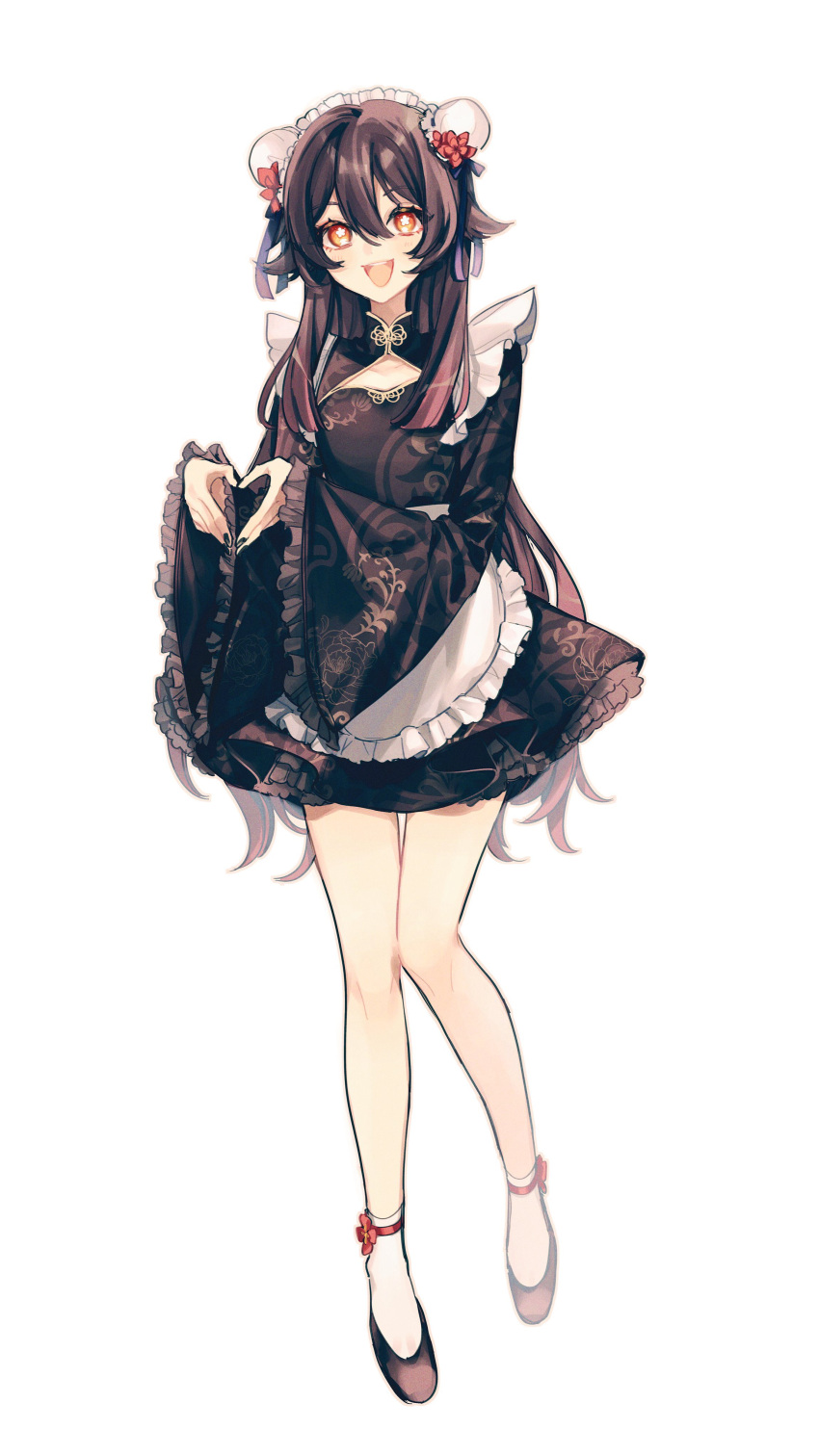 1girl absurdres alternate_costume apron black_dress black_footwear black_hair bright_pupils bun_cover chinese_clothes double_bun dress flower-shaped_pupils genshin_impact hair_bun hair_flaps heart heart_hands highres hu_tao_(genshin_impact) long_hair long_sleeves looking_at_viewer maid maid_apron maid_headdress open_mouth red_eyes simple_background smile socks solo standing symbol-shaped_pupils tamaya_yoi teeth upper_teeth_only white_apron white_background white_pupils white_socks wide_sleeves