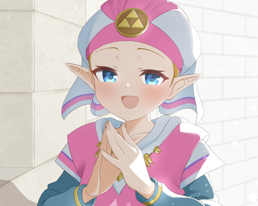 1girl absurdres blonde_hair blue_eyes brick_wall commentary_request dot_nose dress eyelashes headdress highres ikonaska jewelry looking_at_viewer open_mouth own_hands_together pointy_ears princess_zelda smile solo the_legend_of_zelda the_legend_of_zelda:_ocarina_of_time upper_body white_dress