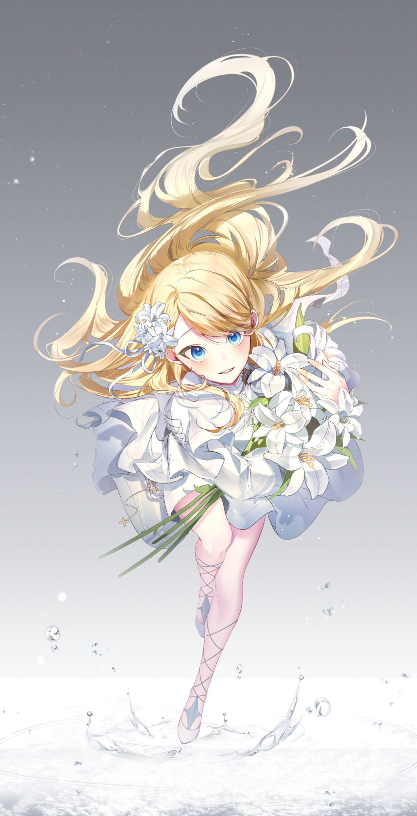 1girl 62135409_(artist) absurdres ballet_slippers blonde_hair blue_eyes blush bouquet dress facing_viewer flower full_body gradient_background hair_flower hair_ornament highres holding holding_bouquet kagamine_rin light_particles long_hair looking_at_viewer project_sekai smile solo splashing vocaloid water white_dress white_flower