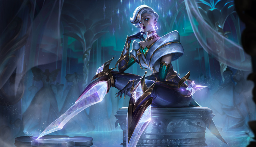 1girl absurdres arm_up aurora black_gloves blue_eyes camille_(league_of_legends) earrings elbow_gloves expressionless eyeshadow gloves glowing glowing_eyes highres ice jewelry league_of_legends light light_particles lipstick long_sleeves looking_at_viewer makeup necklace official_alternate_costume official_alternate_hairstyle official_art outdoors parted_lips pillar prestige_winterblessed_camille sitting solo spread_legs statue white_hair