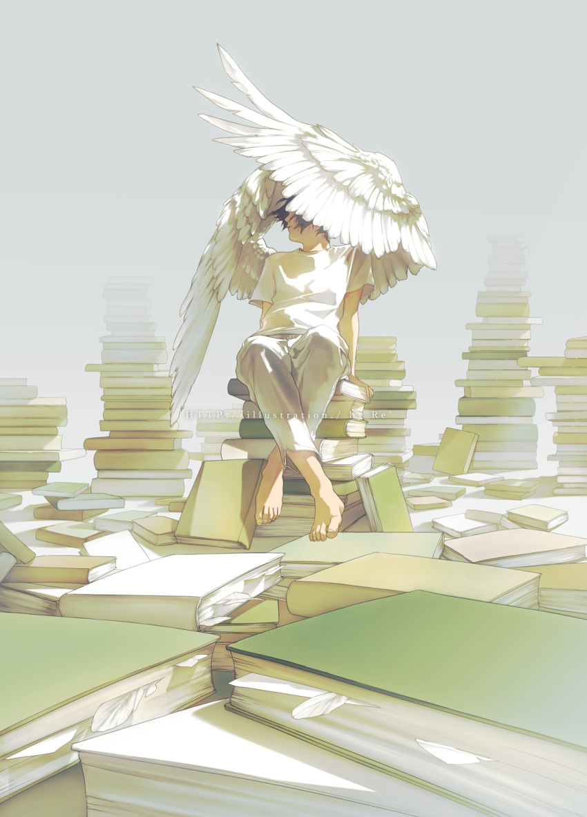 1boy barefoot black_hair book book_stack feathered_wings feathers highres male_focus original pants rido_(ridograph) shirt short_hair sitting solo white_pants white_shirt white_wings wings