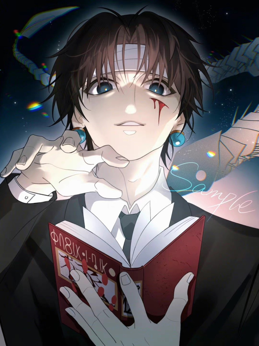 1boy bandaged_head bandages black_hair black_suit blood_on_cheek blue_eyes book casting_spell chrollo_lucilfer creature earrings formal highres holding holding_book hunter_x_hunter injury jewelry looking_at_viewer male_focus necktie nen_(hunter_x_hunter) ppttppff shirt short_hair smile solo suit upper_body white_shirt