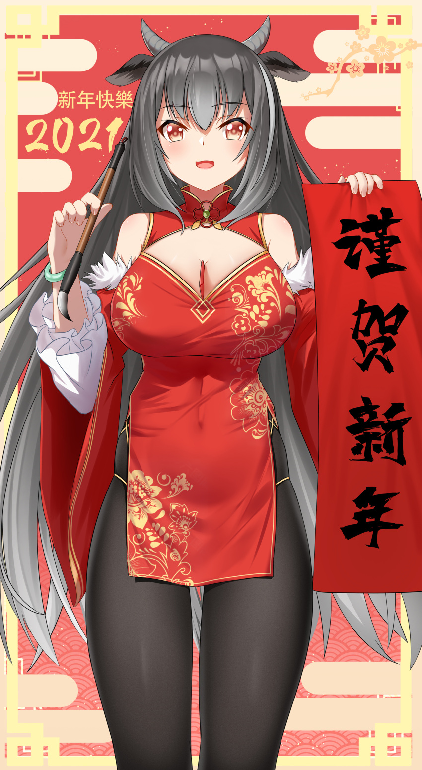 1girl 2021 absurdres animal_ears black_pantyhose bracelet calligraphy cang_se_ye_hua china_dress chinese_clothes cleavage_cutout clothing_cutout cow_ears cow_horns dress fur_trim green_bracelet highres holding_calligraphy_brush horns jewelry long_sleeves looking_at_viewer nengajou new_year open_mouth original pantyhose red_dress side_slit