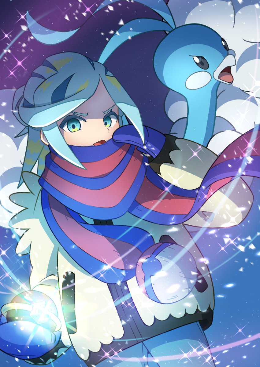 1boy absurdres altaria blue_eyes blue_hair blue_mittens blue_scarf blue_skin colored_skin commentary_request eyelashes grusha_(pokemon) highres holding holding_poke_ball jacket looking_at_viewer medium_hair mittens open_mouth otoko_no_ko parted_bangs poke_ball pokemon pokemon_(creature) pokemon_(game) pokemon_sv purple_background red_scarf refisa scarf sidelocks snow solid_oval_eyes two-tone_scarf v-shaped_eyebrows yellow_jacket