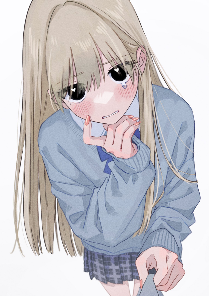 1girl black_eyes blonde_hair blue_neckerchief blush clothes_pull collared_shirt commentary crying eyelashes finger_to_cheek fingernails from_above grey_sweater hair_behind_ear hair_between_eyes hamafugu heart heart-shaped_pupils highres legs long_eyebrows long_fingernails long_hair long_sleeves looking_at_viewer nail_polish neckerchief open_mouth original pink_nails plaid plaid_skirt pleated_skirt pov school_uniform shirt simple_background skirt solo standing sweater swept_bangs symbol-shaped_pupils tearing_up teeth white_background white_shirt