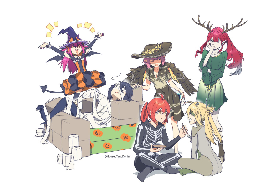 1boy animal_ears artoria_caster_(fate) artoria_pendragon_(fate) baobhan_sith_(fate) bat_wings black_hair blonde_hair box breasts brown_dress brown_headwear circe_(fate) closed_eyes crossed_legs demon_tail dress elizabeth_bathory_(fate) elizabeth_bathory_(halloween_caster)_(fate) fake_antlers fate/grand_order fate_(series) green_dress green_skirt grey_eyes hat highres hooves house_tag_denim jack-o'-lantern multiple_girls oberon_(fate) oberon_(third_ascension)_(fate) open_mouth orange_eyes orange_hair paintbrush pink_hair pointy_ears pumpkin skeleton_print skirt skull tail toilet_paper twintails twitter_username wings witch_hat