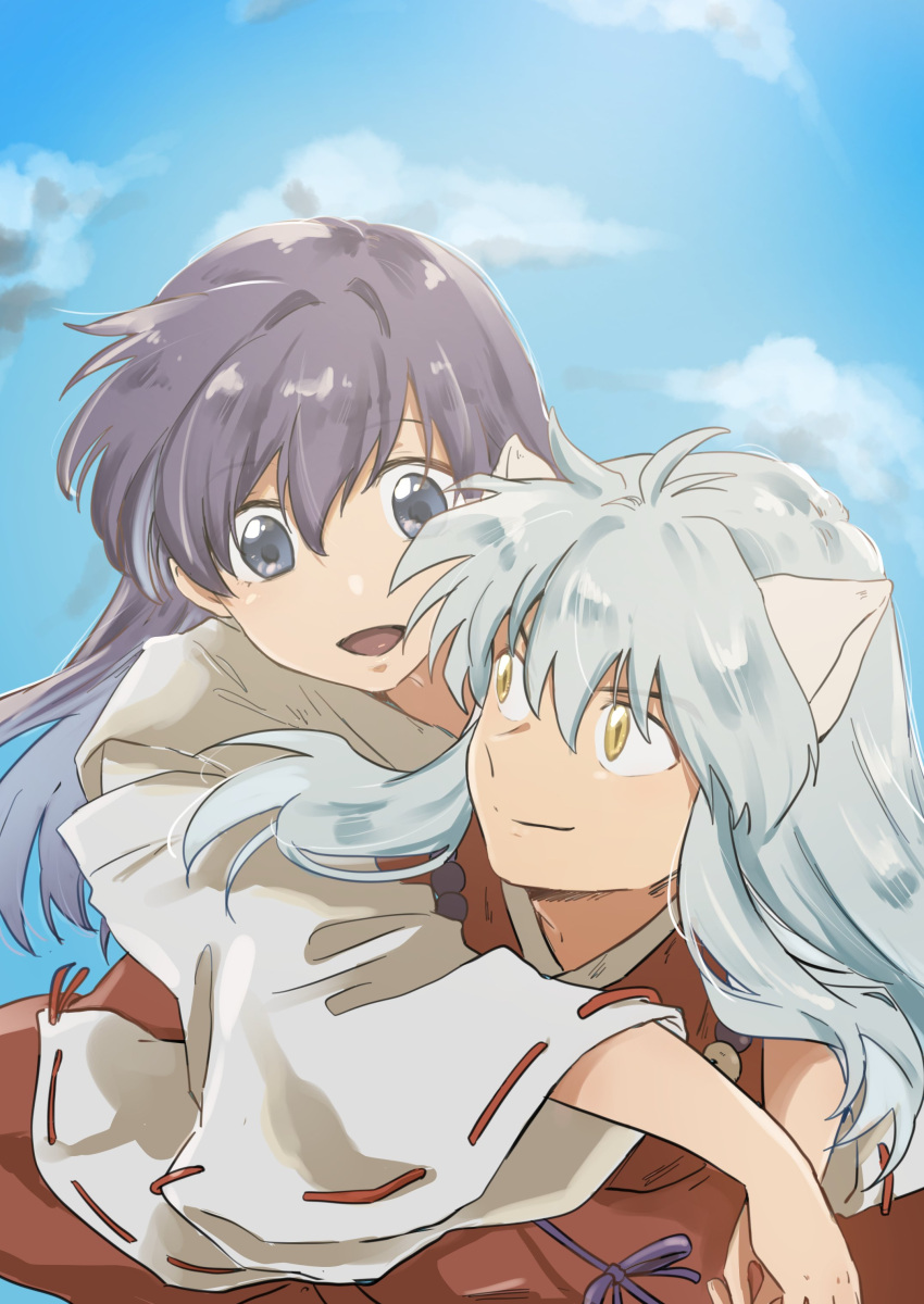 1boy 1girl absurdres animal_ears black_eyes black_hair blue_sky closed_mouth dog_ears hair_between_eyes highres higurashi_kagome hug hug_from_behind inuyasha inuyasha_(character) japanese_clothes jewelry kayo1102 kimono long_sleeves looking_at_another necklace open_mouth red_kimono sky smile upper_body white_hair white_kimono wide_sleeves yellow_eyes