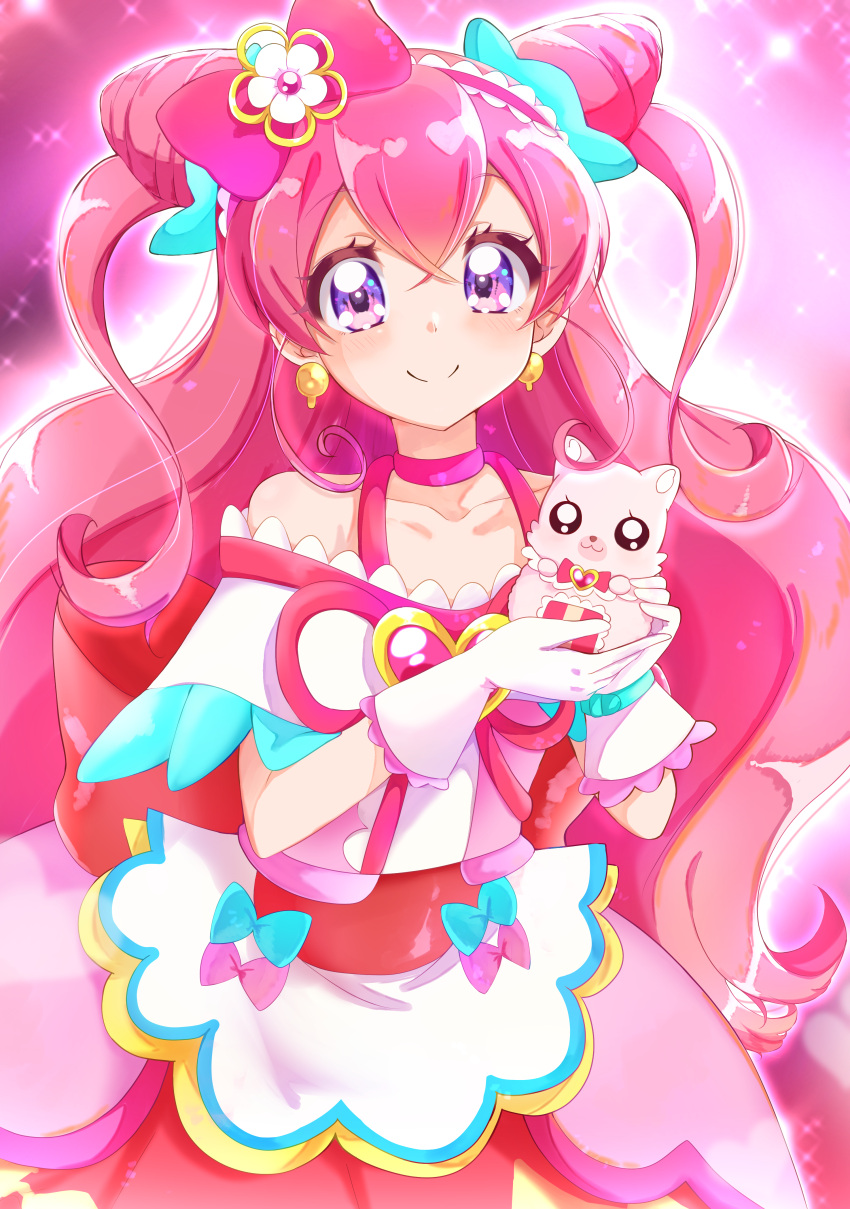 1girl absurdres apron bow brooch choker closed_mouth cone_hair_bun cure_precious delicious_party_precure dress earrings frilled_hairband frills gloves hair_bow hair_bun hair_tie hairband heart heart_brooch highres holding jewelry kome-kome_(precure) long_hair looking_at_viewer magical_girl nagomi_yui off-shoulder_dress off_shoulder pink_choker pink_hair precure red_bow smile solo sparkle standing sugimura_mickey two_side_up very_long_hair violet_eyes waist_apron white_gloves