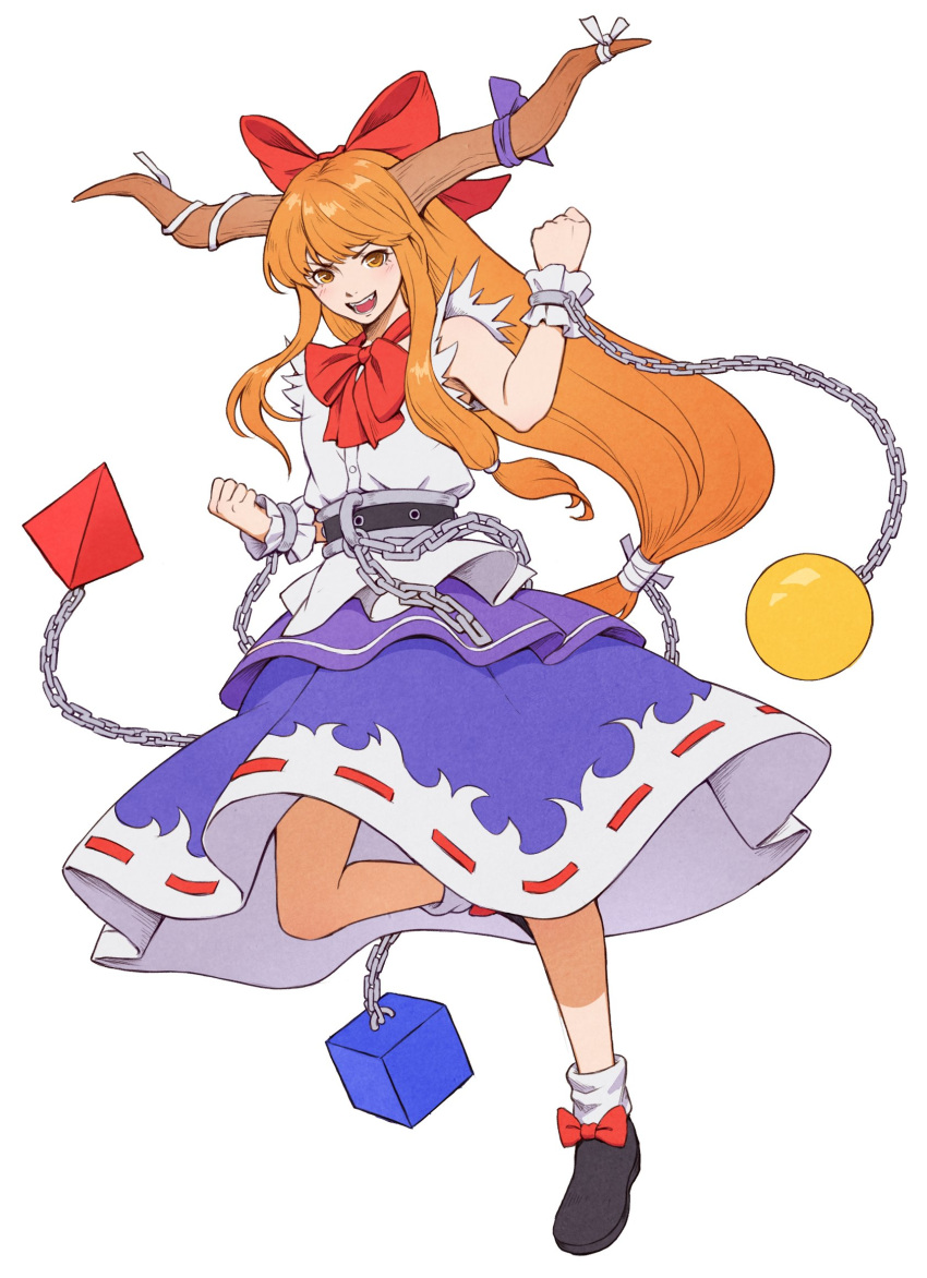1girl :d black_footwear bow bowtie chain clenched_hands commentary cube cuffs footwear_bow full_body hair_bow highres horn_ornament horn_ribbon horns ibuki_suika long_hair looking_at_viewer open_mouth orange_eyes orange_hair orb purple_skirt red_bow red_bowtie ribbon shackles shirt shoes skirt smile socks solo teeth torn_clothes torn_sleeves touhou very_long_hair white_background white_shirt white_socks winterleigh_art