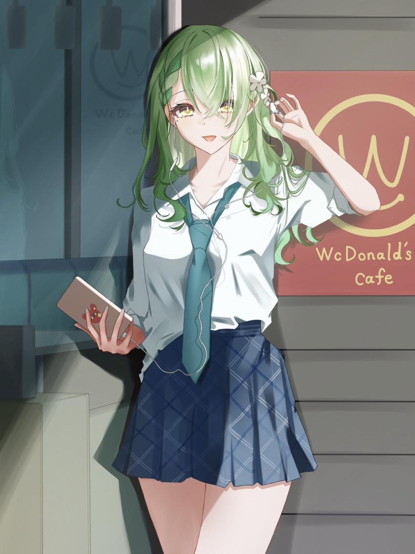 1girl alternate_costume blue_necktie blue_skirt bungo_nosuke cellphone ceres_fauna commentary_request crossed_bangs dress_shirt earphones earphones flower green_hair hair_flower hair_ornament highres holding holding_phone hololive hololive_english humanization long_hair looking_at_viewer loose_necktie mole mole_under_eye necktie open_mouth phone plaid plaid_skirt removing_earbuds school_uniform shirt skirt solo virtual_youtuber white_shirt yellow_eyes