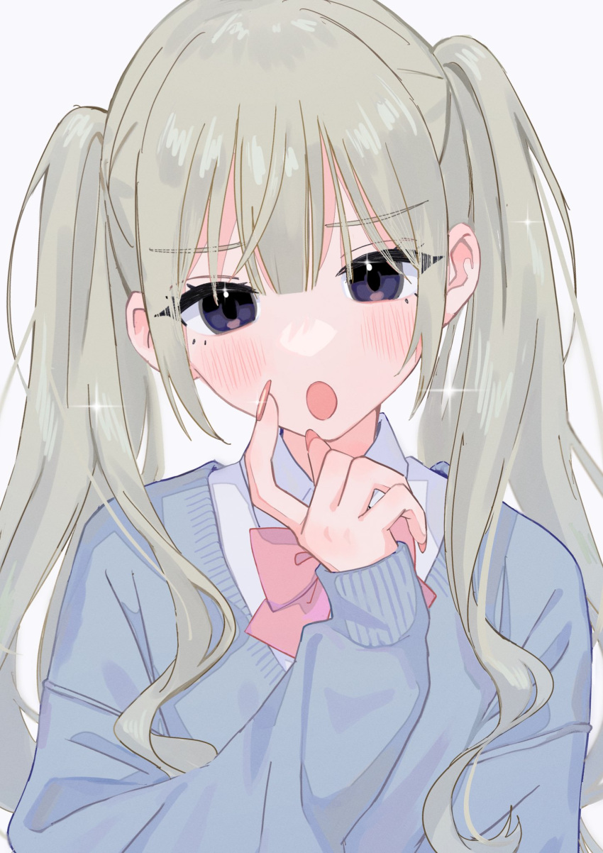 1girl :o black_eyes blonde_hair blue_sweater blush collared_shirt commentary eyelashes finger_to_cheek fingernails hair_behind_ear hair_between_eyes hamafugu hand_up highres long_eyebrows long_fingernails long_hair looking_at_viewer nail_polish neckerchief open_mouth original pink_nails pink_neckerchief school_uniform shirt simple_background solo sparkle sweater swept_bangs tongue twintails upper_body v-neck white_background white_shirt