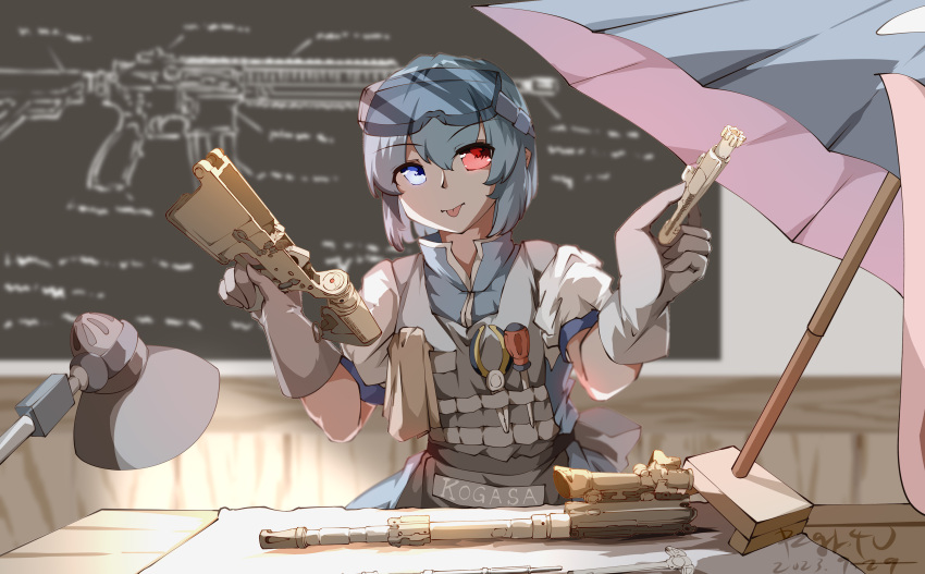 1girl absurdres assault_rifle blue_eyes blurry blurry_background chalkboard character_name chinese_commentary commentary_request dated goggles goggles_on_head gun h&amp;k_hk416 heterochromia highres holding indoors karakasa_obake lamp pzgr.40 red_eyes rifle screwdriver short_sleeves signature solo tatara_kogasa tongue tongue_out touhou umbrella upper_body weapon