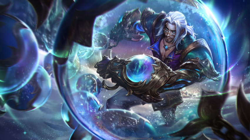 1boy absurdres aurora blue_eyes facial_hair glowing glowing_eyes goatee highres incoming_attack jewelry league_of_legends light_particles looking_ahead male_focus necklace night night_sky official_alternate_costume official_alternate_hairstyle official_art outdoors ponytail sky smile snow snowing solo sylas_(league_of_legends) tree white_hair winterblessed_sylas