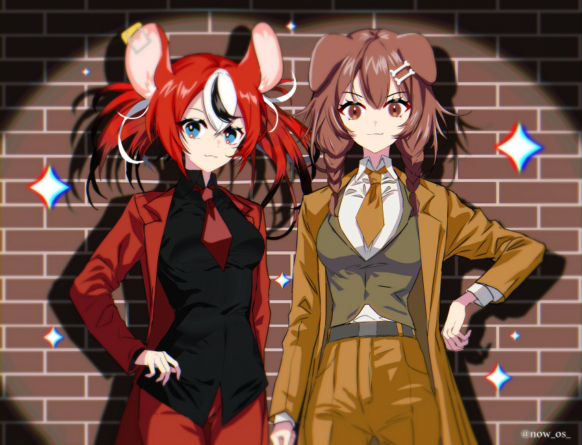 2girls absurdres animal_ears black_shirt blue_eyes braid brick_wall brown_eyes brown_hair brown_suit dog_ears hakos_baelz highres hololive hololive_english inugami_korone mouse_ears multiple_girls necktie red_necktie red_suit redhead shirt sowon sparkle suit twin_braids twintails twitter_username uneven_twintails vest virtual_youtuber white_shirt
