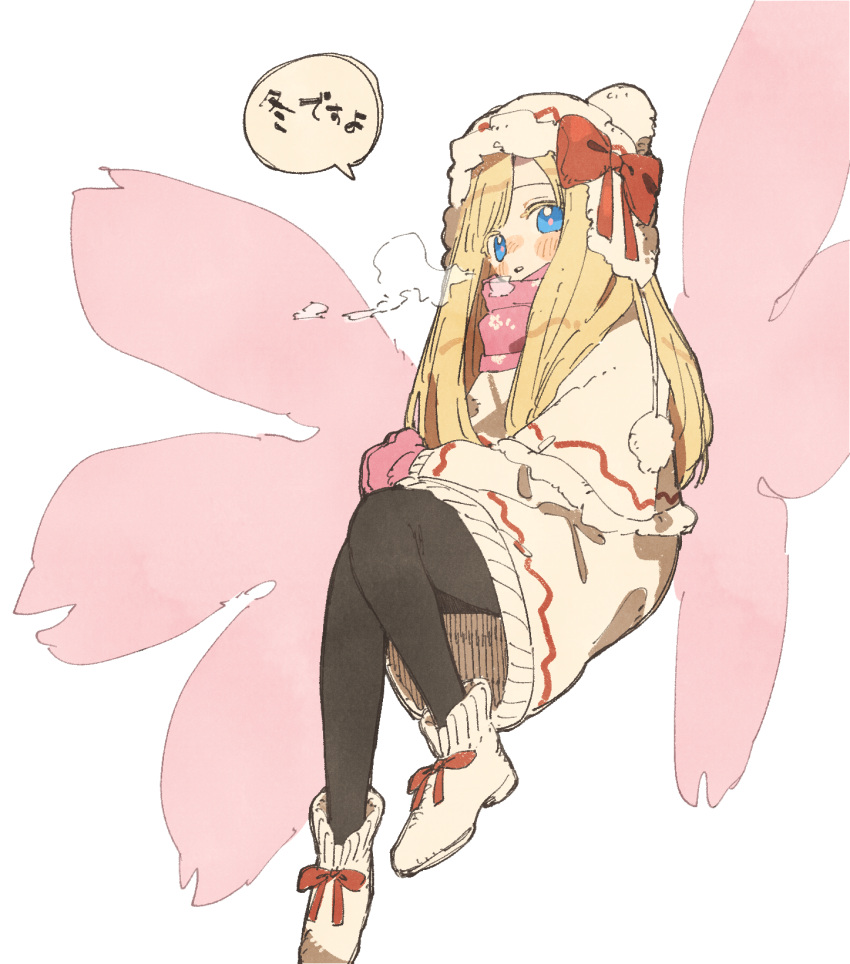 1girl adapted_costume black_pantyhose blonde_hair blue_eyes boots bow breath capelet chullo commentary_request fairy_wings full_body hat hat_bow highres lily_white long_hair long_sleeves looking_at_viewer nama_udon open_mouth pantyhose pink_scarf red_bow scarf simple_background solo speech_bubble sweater touhou translation_request white_background white_capelet white_footwear white_headwear white_sweater wings