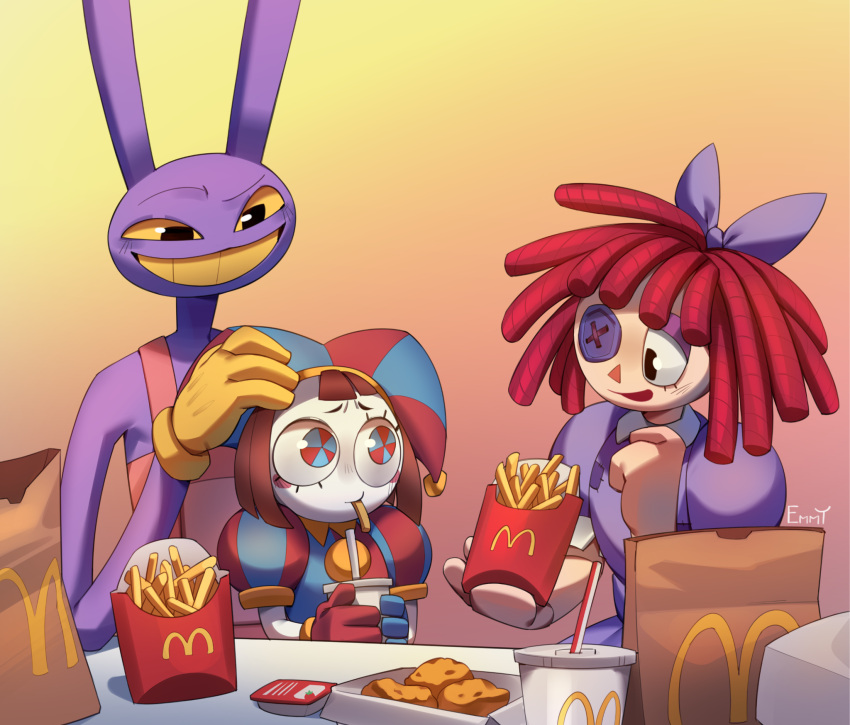 1boy 2girls animal_ears artist_name asymmetrical_gloves bag blue_bow blue_dress blue_gloves blush blush_stickers bow box brown_hair button_eyes chicken_nuggets colored_sclera colored_skin cup dress drinking_straw emmyliquid eyeshadow food french_fries gloves gradient_background hair_bow hat highres jax_(the_amazing_digital_circus) jester jester_cap jester_costume ketchup makeup mcdonald's mismatched_gloves multiple_girls open_box overalls pomni_(the_amazing_digital_circus) purple_eyeshadow purple_fur rabbit_boy rabbit_ears ragatha_(the_amazing_digital_circus) red_gloves red_overalls redhead smile teeth the_amazing_digital_circus two-tone_eyes white_skin yellow_gloves yellow_sclera yellow_teeth yoru_mac