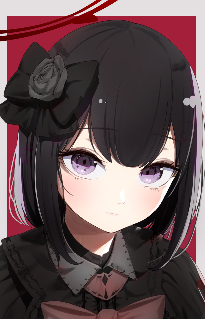 1girl alternate_costume black_bow black_dress black_hair blue_archive blush bow closed_mouth dress gothic_lolita hair_bow halo highres lolita_fashion looking_at_viewer mashiro_(blue_archive) morotake portrait red_halo short_hair solo violet_eyes