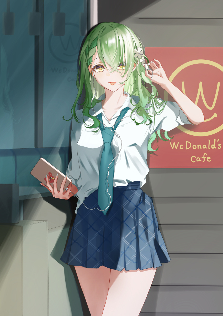 1girl absurdres alternate_costume blue_necktie blue_skirt bungo_nosuke cellphone ceres_fauna commentary_request crossed_bangs dress_shirt earphones earphones flower green_hair hair_flower hair_ornament highres holding holding_phone hololive hololive_english humanization long_hair looking_at_viewer loose_necktie mole mole_under_eye necktie open_mouth phone plaid plaid_skirt removing_earbuds school_uniform shirt skirt solo virtual_youtuber wcdonald's white_shirt yellow_eyes