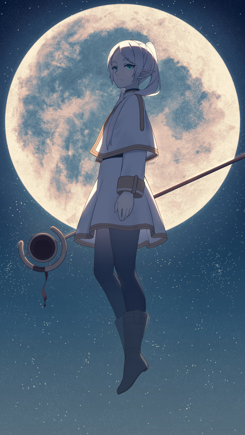 1girl absurdres black_pantyhose boots brown_footwear capelet closed_mouth commentary_request elf floating frieren from_side full_body full_moon gold_trim green_eyes hair_over_shoulder highres holding holding_staff levitation long_hair long_sleeves looking_at_viewer looking_to_the_side mage_staff moon night outdoors pantyhose parted_bangs pejiro pointy_ears sky solo sousou_no_frieren staff star_(sky) starry_sky twintails white_capelet white_hair