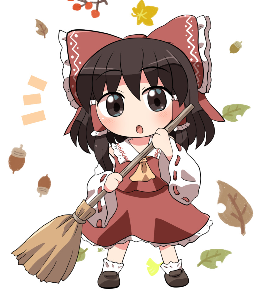 1girl bare_shoulders black_eyes black_footwear black_hair blush bow broom detached_sleeves full_body hair_between_eyes hair_bow hair_tubes hakurei_reimu highres holding holding_broom japanese_clothes leaf long_hair nontraditional_miko open_mouth red_bow red_skirt ribbon-trimmed_sleeves ribbon_trim rokugou_daisuke shoes sidelocks signature skirt socks solo touhou white_socks wide_sleeves