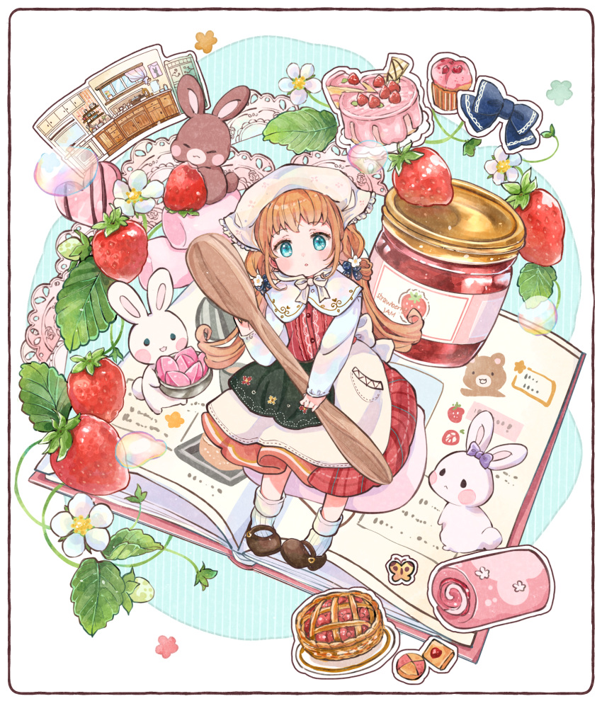 1girl :&lt; :d :o apron aqua_background aqua_eyes back_bow black_bow blush blush_stickers book border bow brown_footwear brown_hair bubble bug butterfly buttons cake closed_eyes commentary_request cookbook cookie cupcake dress eating eyelashes floral_print flower flower_(symbol) food frills fruit green_apron hacosumi hair_bow hair_flower hair_ornament hand_up head_scarf highres holding holding_spoon jam jar kitchen leaf long_hair long_sleeves looking_at_viewer low_twintails mary_janes open_book original parted_lips pie plaid plaid_dress plant purple_bow rabbit red_dress shoes sidelocks simple_background smile socks solo spoon strawberry strawberry_blossoms swiss_roll thumbprint_cookie tied_ears twintails waist_apron white_apron white_background white_border white_bow white_flower white_headwear white_sleeves white_socks white_strawberry wooden_spoon
