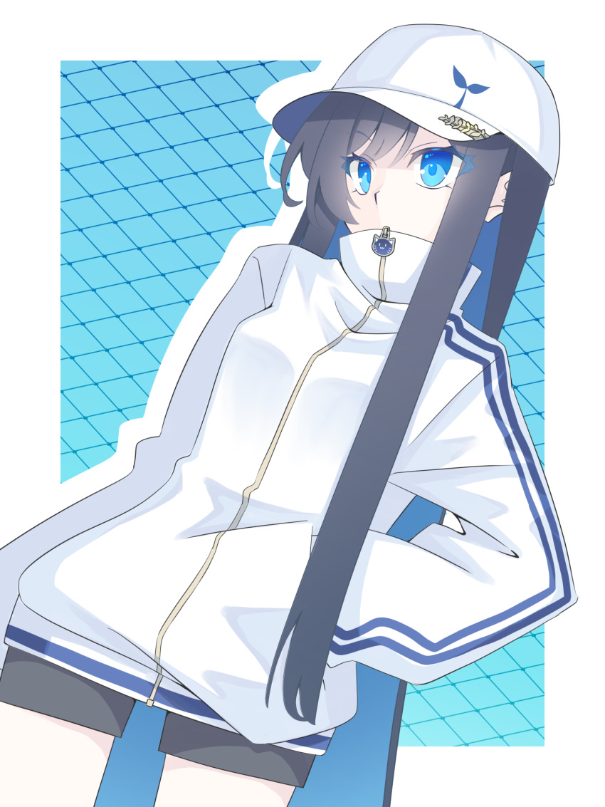 1girl alternate_costume baseball_cap black_hair black_shorts blue_background blue_eyes blue_hair border cevio chain-link_fence colored_inner_hair commentary_request contrapposto covered_mouth cowboy_shot drop_shadow fence futaba_minato hand_in_pocket hat high_collar highres jacket long_hair long_sleeves looking_ahead multicolored_hair outside_border short_shorts shorts single_sidelock solo sumikaze track_jacket vertical-striped_sleeves very_long_hair white_border white_jacket