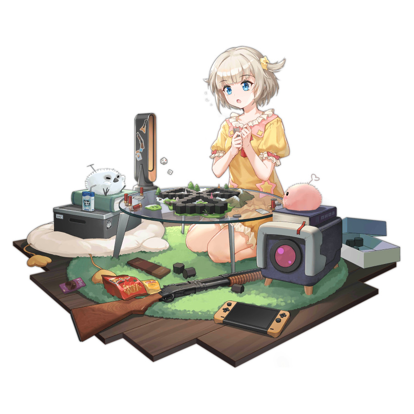 1girl :o bag bare_arms bare_legs bird bladeless_fan blonde_hair blue_eyes board_game book box chilunchilun dice full_body girls_frontline griffin_&amp;_kryuger gun hair_ornament hair_scrunchie highres juice_box kneeling m1897_(forest_game)_(girls'_frontline) m1897_(girls'_frontline) nintendo_switch official_alternate_costume official_art open_box open_mouth own_hands_together pajamas pink_bird pump_action rug scrunchie seiza short_hair short_sleeves shotgun shotgun_shell simple_background sitting snack solo star_(symbol) sticker third-party_source transparent_background weapon white_bird winchester_model_1897 wooden_floor yellow_pajamas yellow_scrunchie