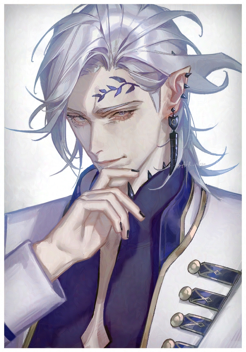 1boy akr_noze blue_shirt border choker commentary_request ear_piercing expressionless forehead_tattoo formal from_side gold_trim hades_(shuumatsu) hand_to_own_face highres jacket leaf_tattoo long_hair male_focus piercing pointy_ears shirt shuumatsu_no_valkyrie solo twitter_username upper_body white_background white_border white_jacket