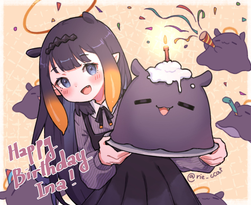 1girl :3 :d artist_name birthday black_dress black_ribbon blunt_bangs blush border brown_background candle center-flap_bangs character_name closed_eyes closed_mouth collared_shirt commentary_request confetti dress eyelashes fang fire gradient_hair halo hands_up happy_birthday hat headpiece highres holding holding_tray hololive hololive_english icing long_hair long_sleeves looking_at_viewer multicolored_hair neck_ribbon ninomae_ina'nis ninomae_ina'nis_(2nd_costume) official_alternate_costume open_mouth orange_hair outside_border party_hat party_horn party_popper pinafore_dress pinstripe_pattern pleated_dress pointy_ears purple_hair purple_shirt ribbon rie_ccat shirt sidelocks simple_background sleeveless sleeveless_dress smile streamers striped striped_shirt takodachi_(ninomae_ina'nis) tentacle_hair tray twitter_username vertical-striped_shirt vertical_stripes very_long_hair violet_eyes virtual_youtuber white_border wing_collar