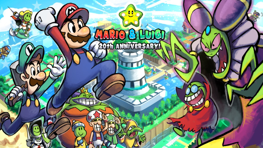 3girls 6+boys @_@ anniversary blue_headwear blue_overalls breasts brown_hair building cackletta character_request clenched_hands clouds colored_skin commentary day facial_hair fawful geno_(mario) gloves green_skin hammer highres holding holding_hammer lady_lima luigi mario mario_&amp;_luigi:_superstar_saga mario_&amp;_luigi_rpg masanori_sato_(style) multiple_boys multiple_girls mustache open_mouth outdoors overalls popple_(mario) prince_peasley red_headwear red_shirt sharp_teeth shirt sky star_(symbol) super_mario_bros. symbol-only_commentary teeth white_gloves ya_mari_6363