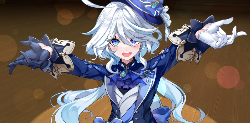 1girl absurdres ahoge ascot asymmetrical_gloves black_gloves blue_ascot blue_bow blue_eyes blue_hair blue_headwear blue_jacket blush bow elze_(s01047480836) furina_(genshin_impact) genshin_impact gloves hair_between_eyes hat heterochromia highres jacket light_particles long_hair mismatched_gloves multicolored_hair open_mouth sidelocks smile solo spotlight streaked_hair teeth top_hat two-tone_hair upper_body upper_teeth_only white_gloves wooden_floor