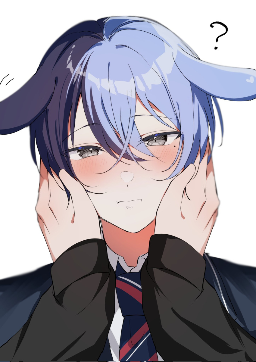 2boys ? animal_ears aoyagi_touya blue_hair blush closed_mouth commentary dark_blue_hair diagonal-striped_necktie grey_eyes hair_between_eyes hands_on_another's_face highres kamiyama_high_school_uniform_(project_sekai) long_sleeves looking_at_viewer male_focus mole mole_under_eye momiji_11_12 multicolored_hair multiple_boys necktie out_of_frame project_sekai rabbit_ears school_uniform shinonome_akito short_hair simple_background split-color_hair symbol-only_commentary two-tone_hair white_background