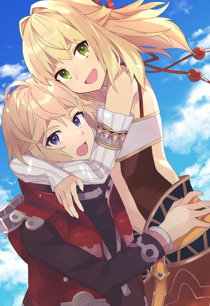 1boy 1girl absurdres blonde_hair blue_eyes clouds detached_sleeves fiora_(xenoblade) green_eyes hair_ribbon highres long_hair looking_at_viewer open_mouth ribbon short_hair shulk_(xenoblade) smile toyahiro16 xenoblade_chronicles_(series) xenoblade_chronicles_1